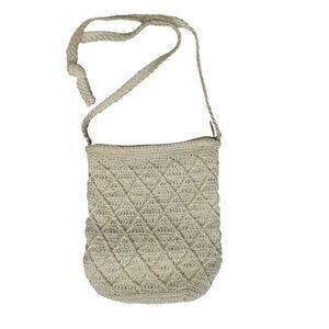 Vintage Knitted Cream Color Crochet Lined Crossbody Purse 7x8 Boho Cottagecore